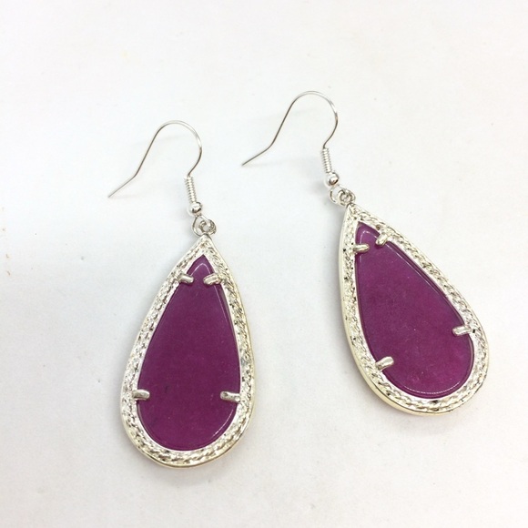 PURPLE NEPHRITE JADE TEAR DROP EARRINGS SILVER TONE DANGLE DROP CAGED - Picture 5 of 10